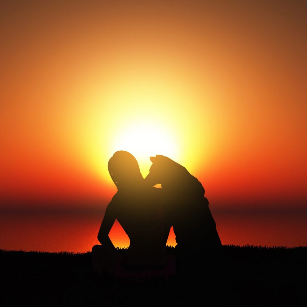 3D render of a female sat with her dog at sunset